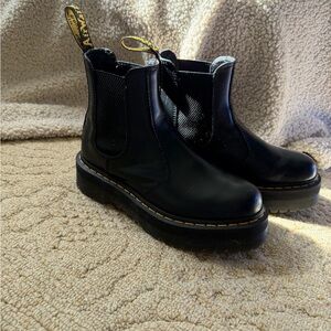Dr. Martens Black Leather Chelsea Platform Boots with Yellow Stitching